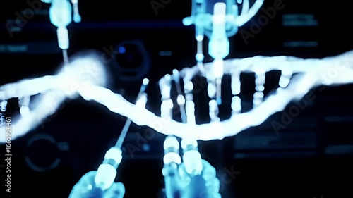DNA strand structure with robotic arms, glowing light, on a dark digital screen