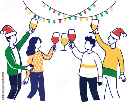 Friends celebrating with champagne under christmas lights isolated on white background isolated on transparent background