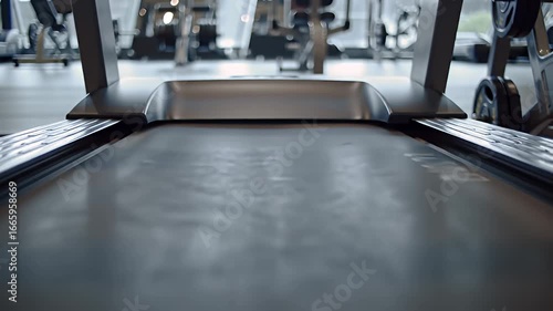 Treadmill in a bright gym, focusing on the flat running surface, other equipment blurred