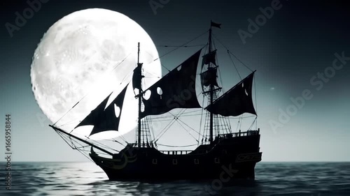 Silhouette ship under moonlit sky