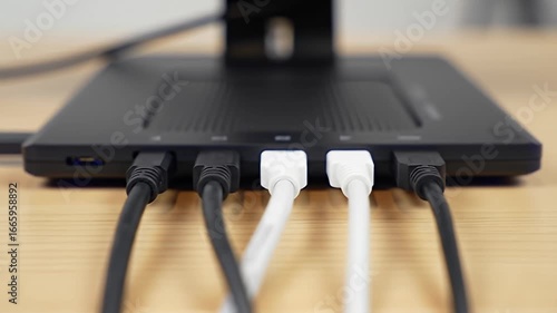 Cables plug into a black device on a wooden surface, close-up, minimal background