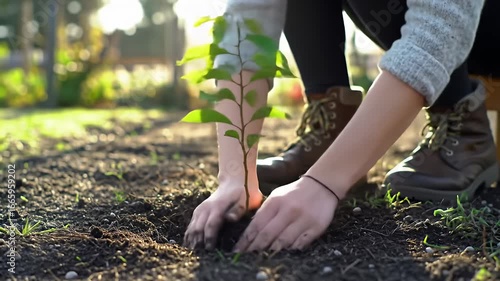 Person planting a sapling in dark soil, wearing boots in a sunlit outdoor setting