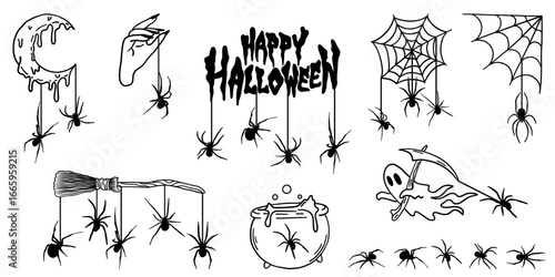 Black and white halloween vector silhouette set with spooky icons and elements.