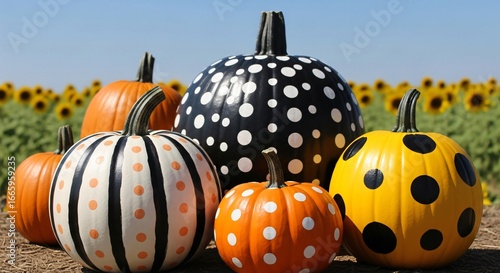 Festive pumpkins decorated with playful polka dots and stripes