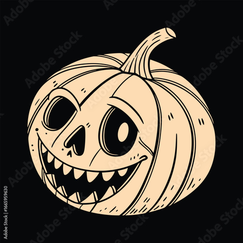 Spooky hand drawn jack o lantern with happy grinning face and sharp teeth for halloween celebration season