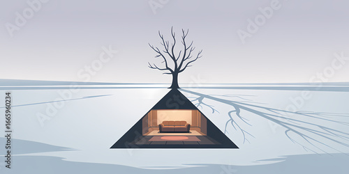Sanctuary of Solitude: A lone winter tree's shadow reveals a warm, cozy room in a vast, snowy landscape.