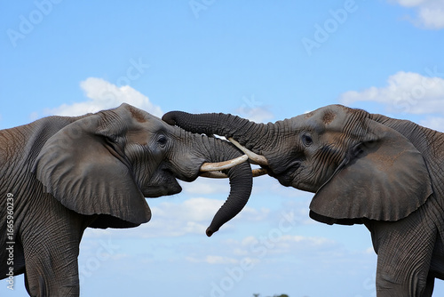 Wild Elephants Touching Trunks under Blue Sky in Savanna