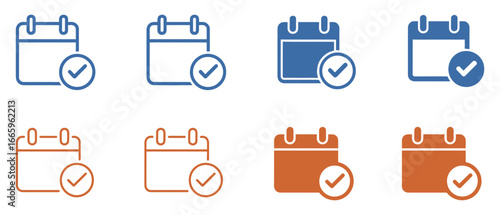 Vector art of collection of calendar icons with check marks, representing various options for scheduling events and confirming appointments with different color schemes