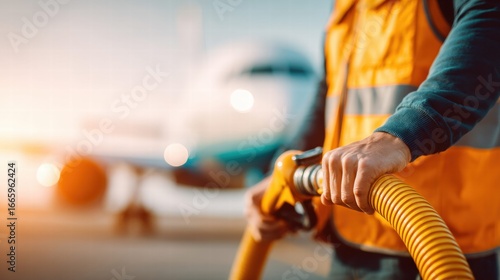 Wallpaper Mural An airport worker fueling a plane with a fuel nozzle, during the golden hour. Torontodigital.ca