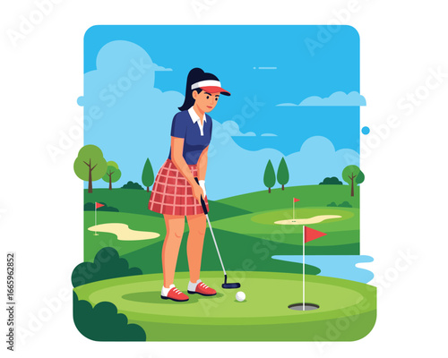 Golf Course Moment: A determined woman on a golf course, preparing to putt, demonstrating focus and poise in a vibrant outdoor environment.