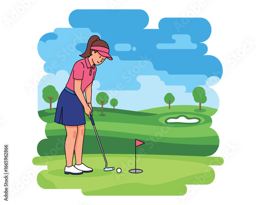 Golf Course Precision: A determined golfer lines up a putt on a meticulously maintained green, ready to conquer the course and claim victory.