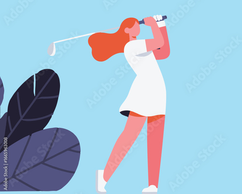 Dynamic Swing: An illustration of a lady gracefully executing a golf swing on the golf course, demonstrating skill and focus in her pursuit of a perfect game.