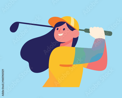 Golf Enthusiast: A cheerful illustration of a golfer executing a swing with confident flair, radiating energy and embodying the spirit of the game.