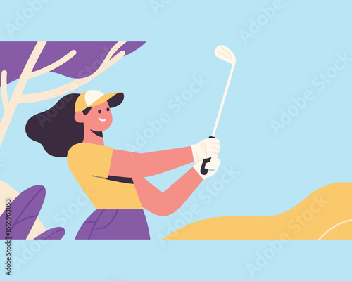 Girl playing Golf: An illustrated woman, perfectly executing her golf swing on a tranquil course, showcasing grace and precision.