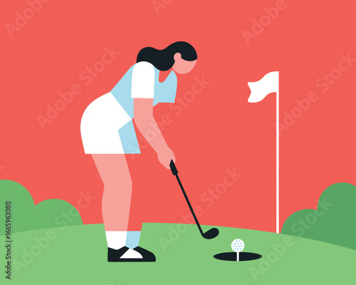 Golfing Grace: A minimalist illustration captures a golfer gracefully lining up a putt on a vibrant green, with the flag poised as a symbol of aspiration. 