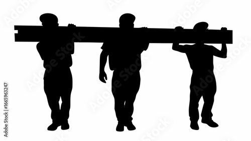 Three silhouetted men carrying a long wooden plank on their shoulders in a construction scene project