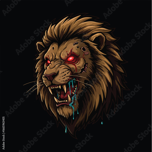 A fierce, snarling lion with glowing red eyes and dripping saliva, depicted in a dark, stylized illustration with visible wounds and sharp teeth.