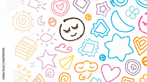 Colorful crayon style drawings featuring sun, moon, stars, hearts, and a smiling face on a white background