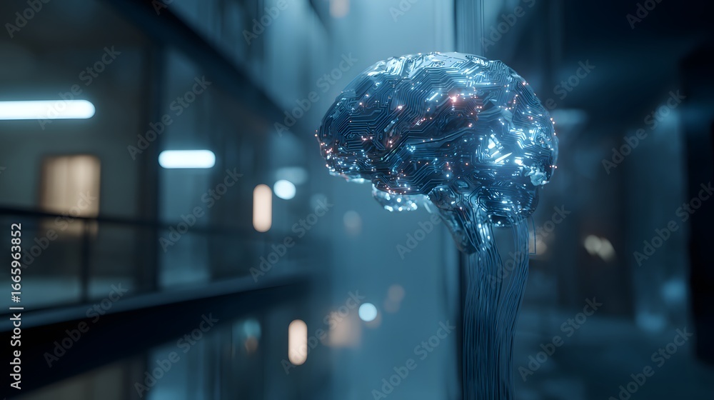 Obraz premium A glowing digital brain with circuit patterns in a futuristic building with blurred surroundings