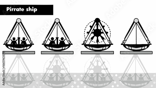 Illustration depicting four pirate ship ride variations with and without people and motion effect