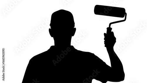 Silhouette of a man holding a paint roller with his back to the viewer in black and white style