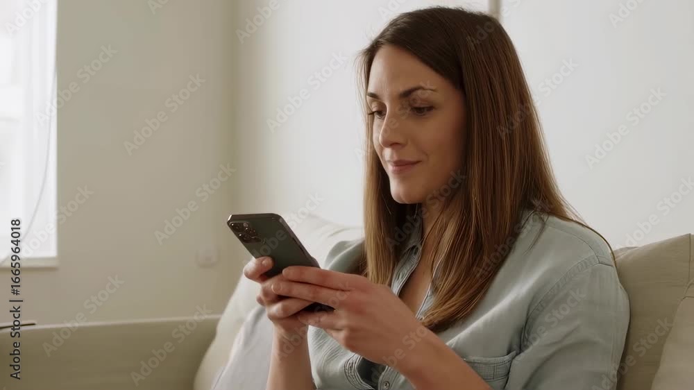 Engaging with Technology: A Thoughtful Moment Captured as a Young Woman Interacts with Her Smartphone on a Comfortable Couch in a Cozy Living Space Engaging with Technology: A Thoughtful Moment Captured as a Young Woman Interacts with Her Smartphone on a Comfortable Couch in a Cozy Living Space
