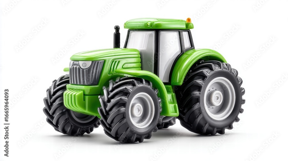 Fototapeta premium A detailed view of a bright green toy tractor isolated on a white backdrop, ready for play or conceptual use.