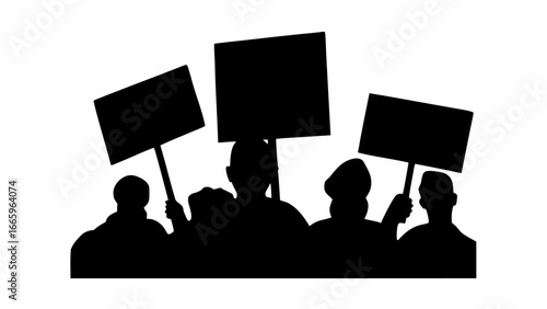Silhouette of a group of people protesting and holding signs in a demonstration for social change and justice
