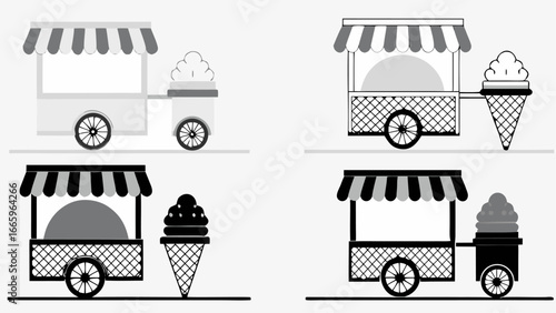 Illustration showcasing four ice cream carts with striped awnings and ice cream cones in black and white tones
