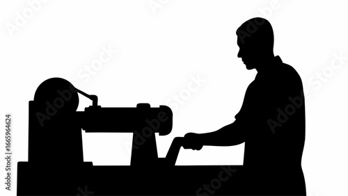 Silhouette of a man operating a lathe machine in a workshop, showcasing woodworking and craftsmanship skill