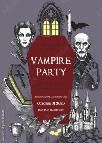 Vampire party invitation design. Halloween hand drawn vector illustration. Gothic background. NOT AI generated