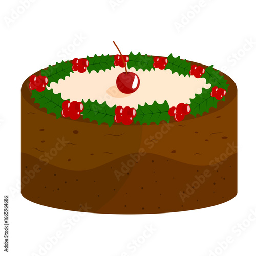 Moist Christmas Cake Illustration with Cherry and Holly Decoration – Festive Holiday Dessert Vector