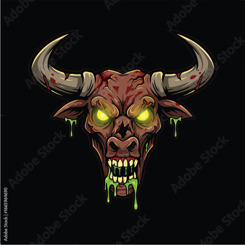 Ferocious, bloody bull skull with glowing eyes and dripping slime.