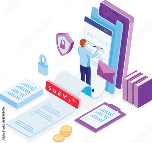 Electronic Contract Isometric Illustratio, Electronic Contract Signing Isometric Illustration – Online Agreement, Digital Signature, Secure Document Submission