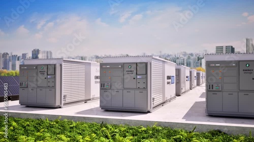 3d rendering energy storage systems or battery container units for smart city with zero emission 4k footage