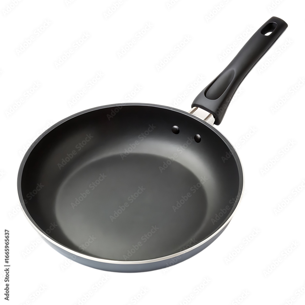 Close up studio shot of a black nonstick frying pan with a comfortable handle ready for cooking. transparent background Close up studio shot of a black nonstick frying pan with a comfortable handle ready for cooking. transparent background