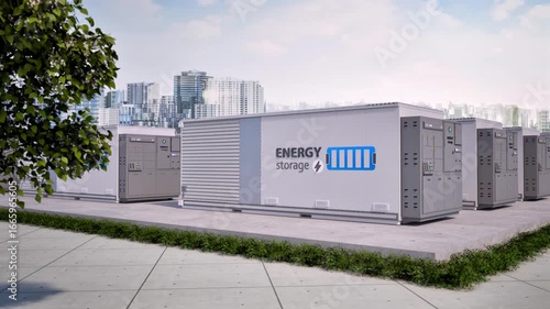 3d rendering energy storage systems or battery container units for smart city with zero emission 4k footage