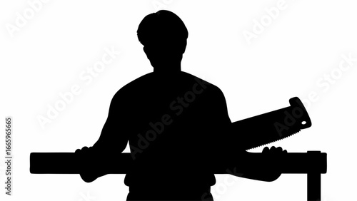 Silhouette of a person sawing wood on a workbench with a hand saw in a woodworking project scene