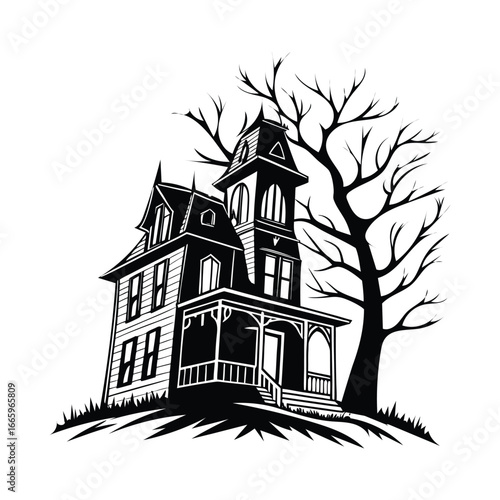 Creepy victorian haunted house silhouette with bare tree on hilltop spooky gothic architecture for halloween