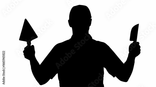 Silhouette of a person holding a trowel in one hand and a knife in the other against white background