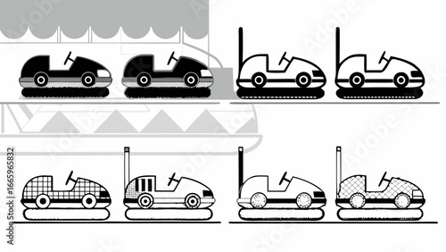 Illustration of a set of bumper cars with different designs in black and white on a fairground ride