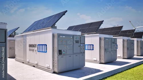 Group of energy storage systems or battery container units with blue sky background 4k footage