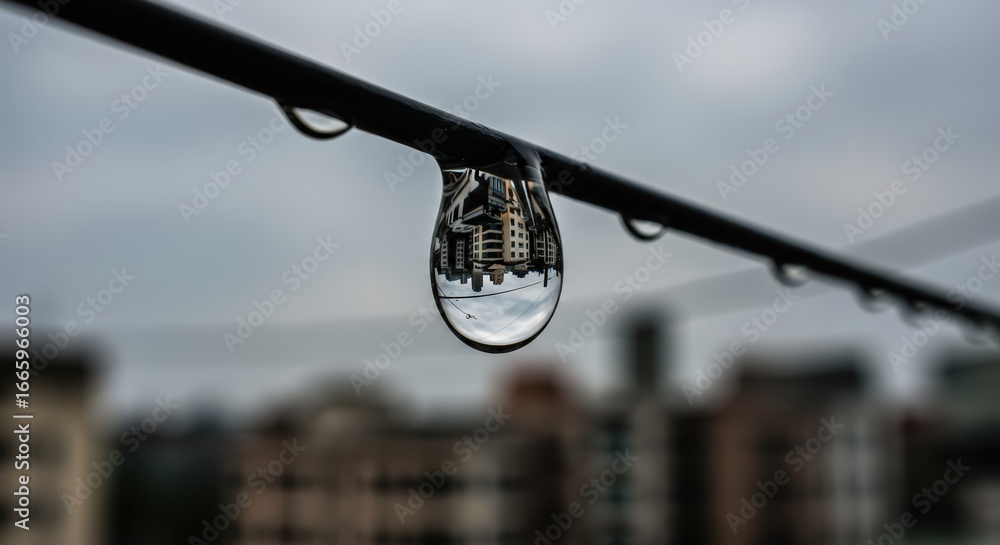 Fototapeta premium Raindrop hanging from power line, inverted cityscape reflected in its surface.