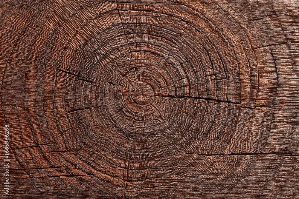 Fototapeta premium Close-up of a weathered, dark-brown tree trunk cross-section