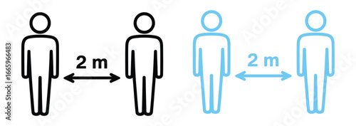 Illustration of social distancing with two people standing two meters apart, emphasizing prevention and safety during the pandemic
