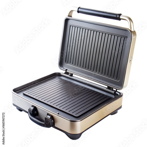 Open stainless steel and black electric panini press grill with ridged cooking plates, perfect for making sandwiches and other grilled foods, isolated on transparent background