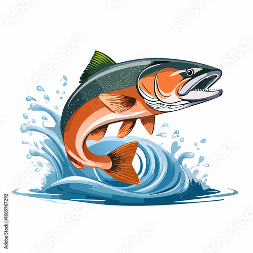 A Spawning Salmon or Trout Jumping Out of Water - Colourful Jumping Fish Vector.