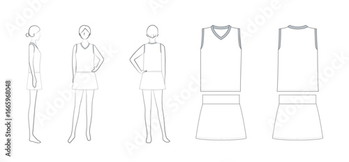 女子テニスユニフォームのテンプレート（前・後・横・平面図）Women's Tennis Uniform Template – Front, Back, Side & Flat Views