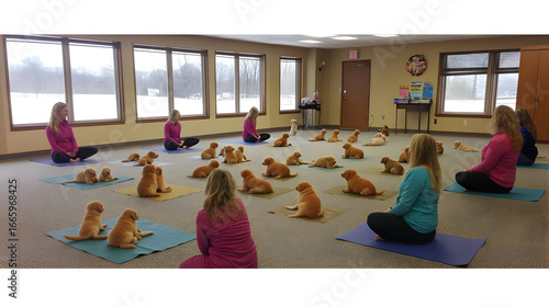 Yoga with Golden Retriever Puppies Photo