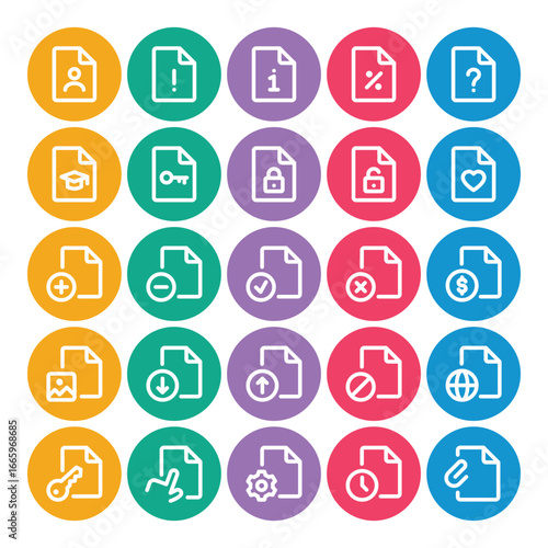 Circle color outline icons set for Files documents.